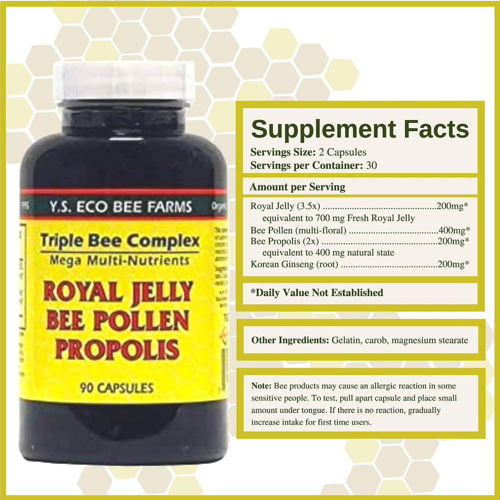 Close-up of Royal Jelly, Bee Pollen and Propolis ingredients for YS Organics