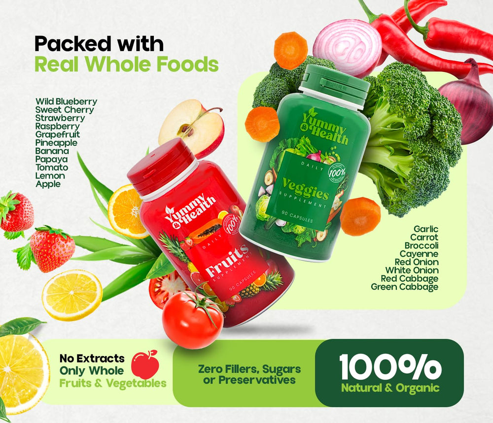 Yummy & Health fruits-veggies capsules in smoothie image highlighting blend friendly nutrition for busy mornings.