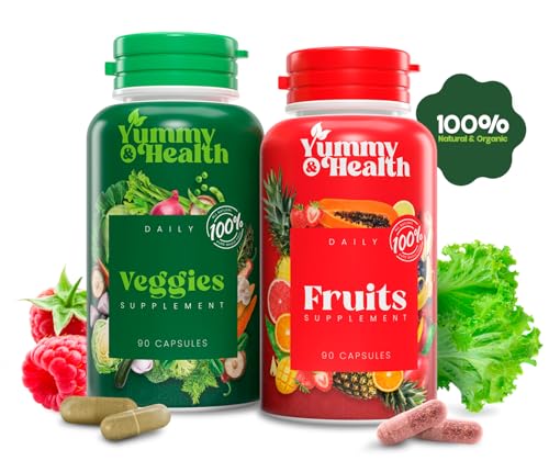 Product packshot showing 180 capsules (90 fruit + 90 veggie)