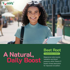 Illustration of beet root, magnesium, and vitamin C ingredients