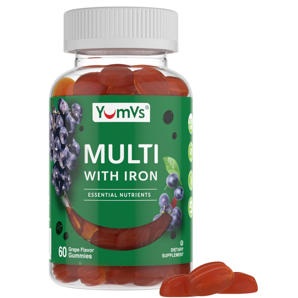 Front of YumV's Iron Gummies grape-flavored bottle, 60 count
