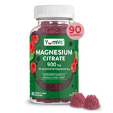 Front view of YUM-V'S Magnesium Citrate Gummies raspberry flavor bottle (90 count).