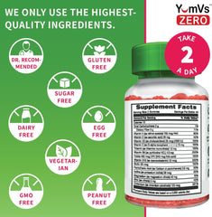 YUM-V'S multivitamin gummies ingredients showing free from sugar and GMOs