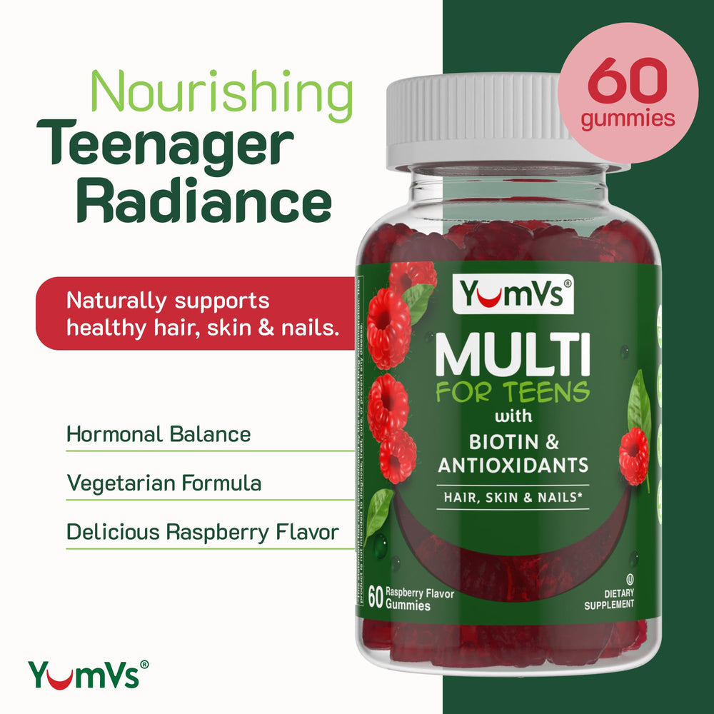 Close-up of YumVs teen gummies with Biotin label