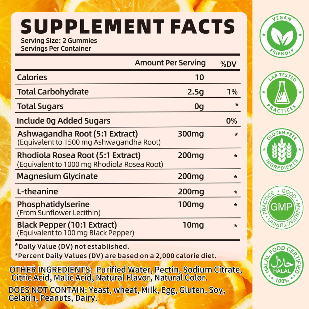 Close-up of orange-flavored cortisol gummies for women