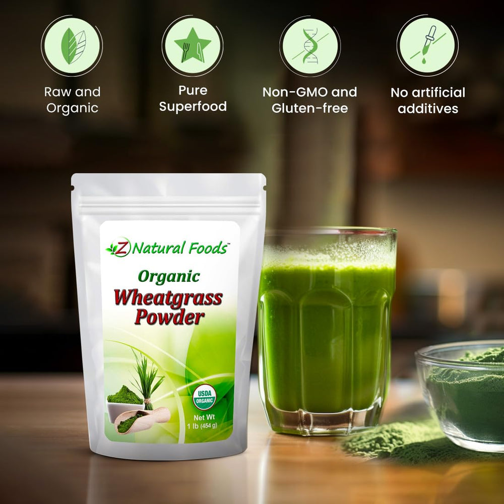 Close-up of packaging label for organic wheatgrass powder