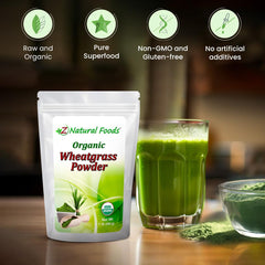 Close-up of packaging label for organic wheatgrass powder