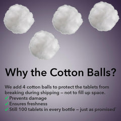 Product packaging showing 100-count bottle and packaging