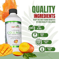 Lifestyle image of mango-flavored liquid collagen bottle