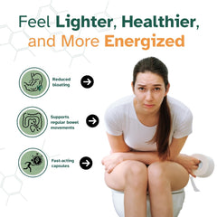 ZAFiNCO Gut Relief bottle with glass of water for easy detox ritual.