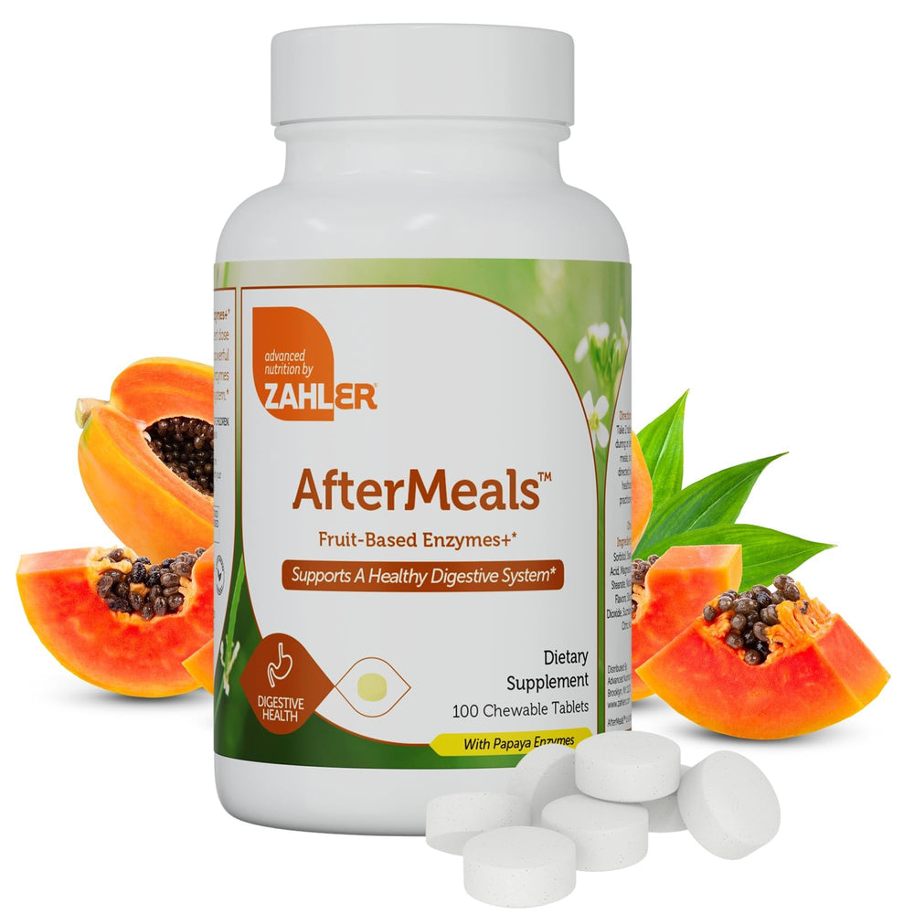 Zahler AfterMeals Digestive Enzymes chewable tablet featuring papaya and pineapple