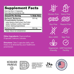 Zahler Berberine supplements on shelf highlighting vegetarian and kosher attributes.