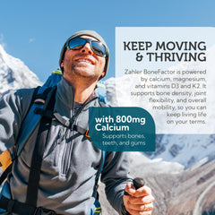 Illustration of BoneFactor ingredients including Calcium, D3, K2 and Magnesium