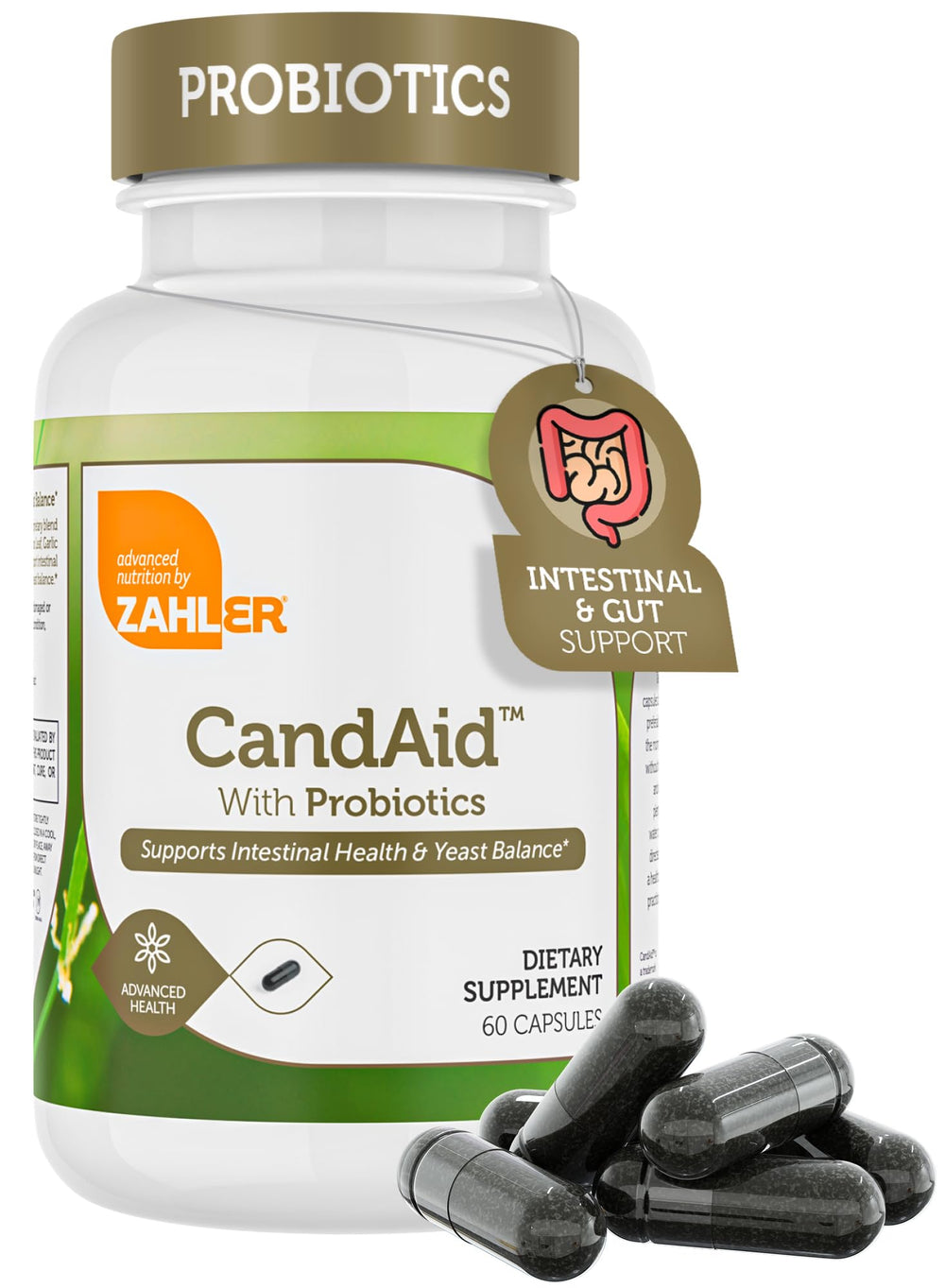 Zahler CandAid bottle front with unflavored capsules for sensitive stomachs.