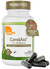 Zahler CandAid bottle front with unflavored capsules for sensitive stomachs.