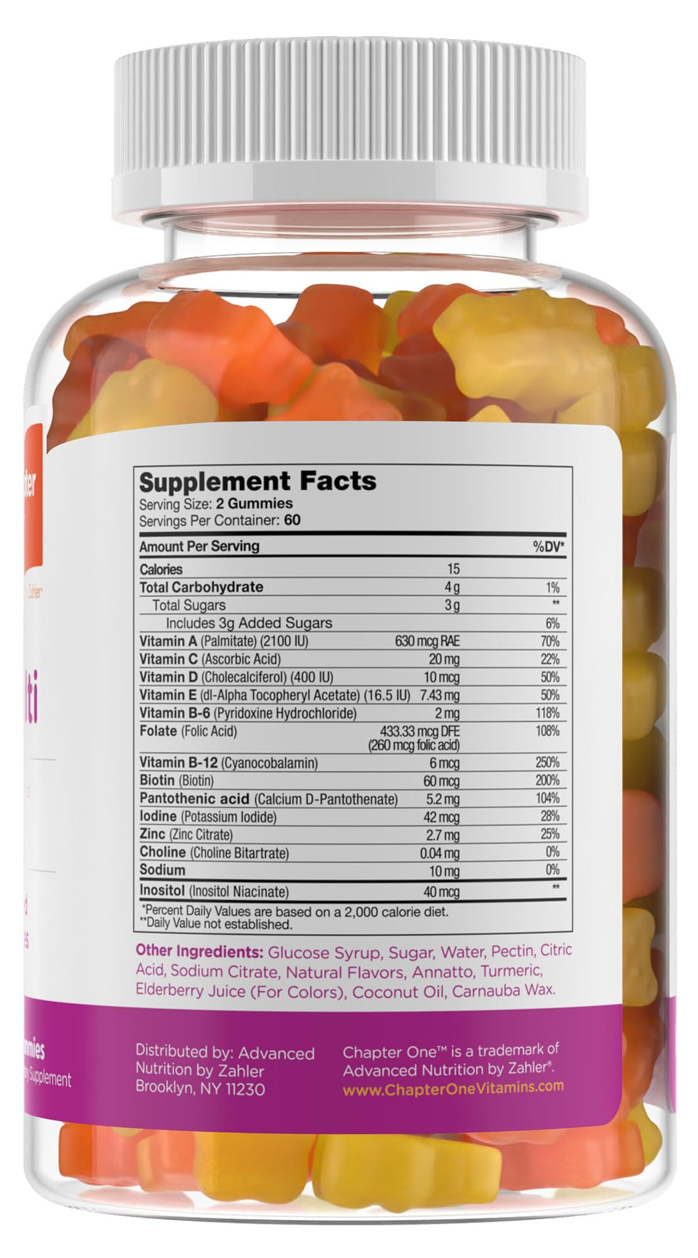 Close-up of Zahler Chapter One M is for Multi label on a 60-count bottle