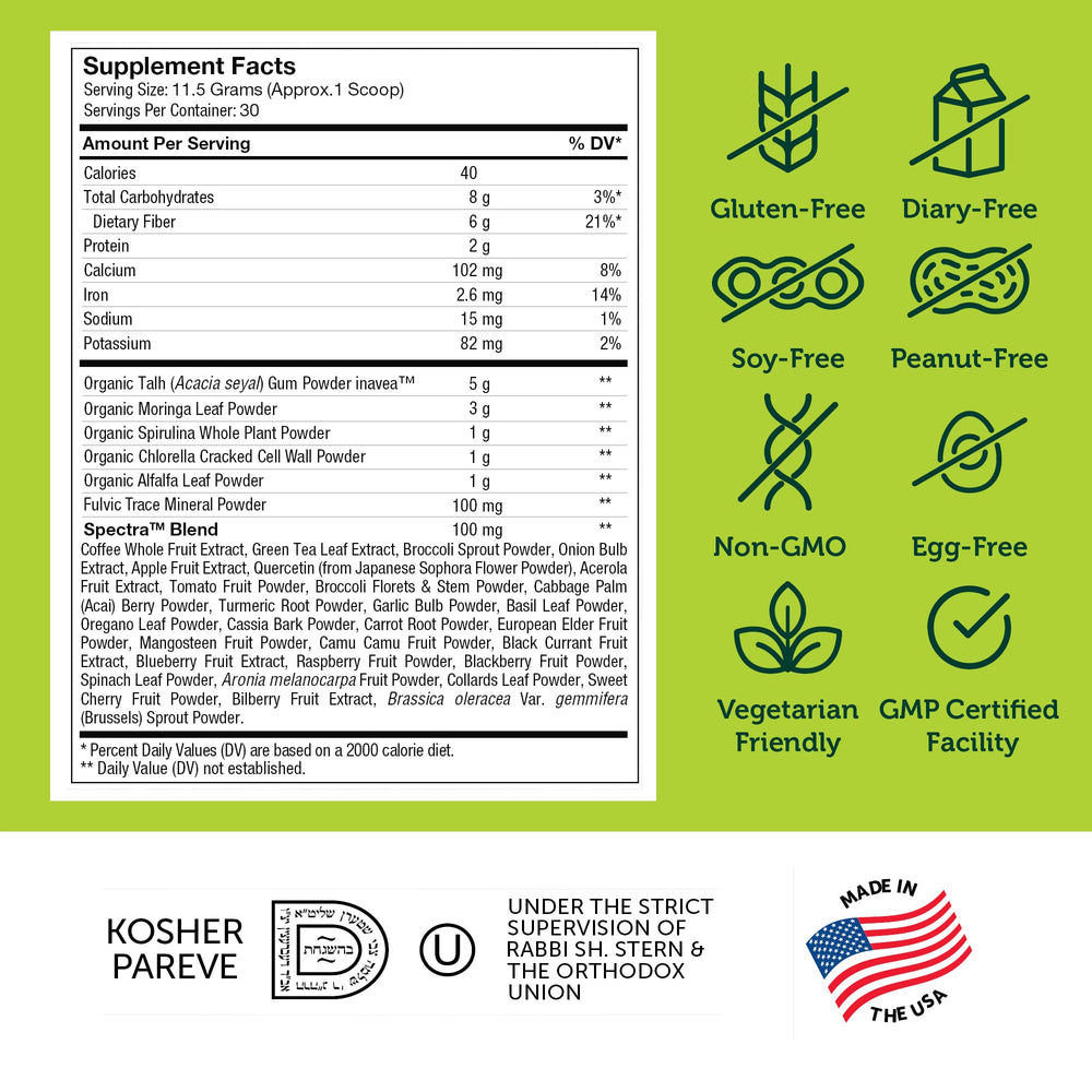 Kosher and non-GMO labeling on Zahler Core Greens Powder
