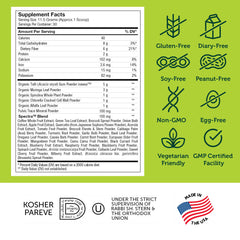 Kosher and non-GMO labeling on Zahler Core Greens Powder
