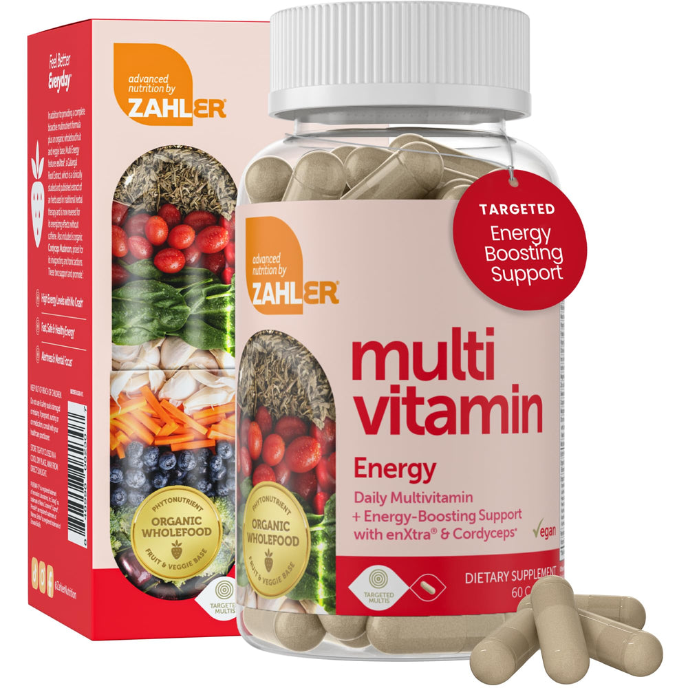Close-up of Zahler multivitamin bottle and energy capsules