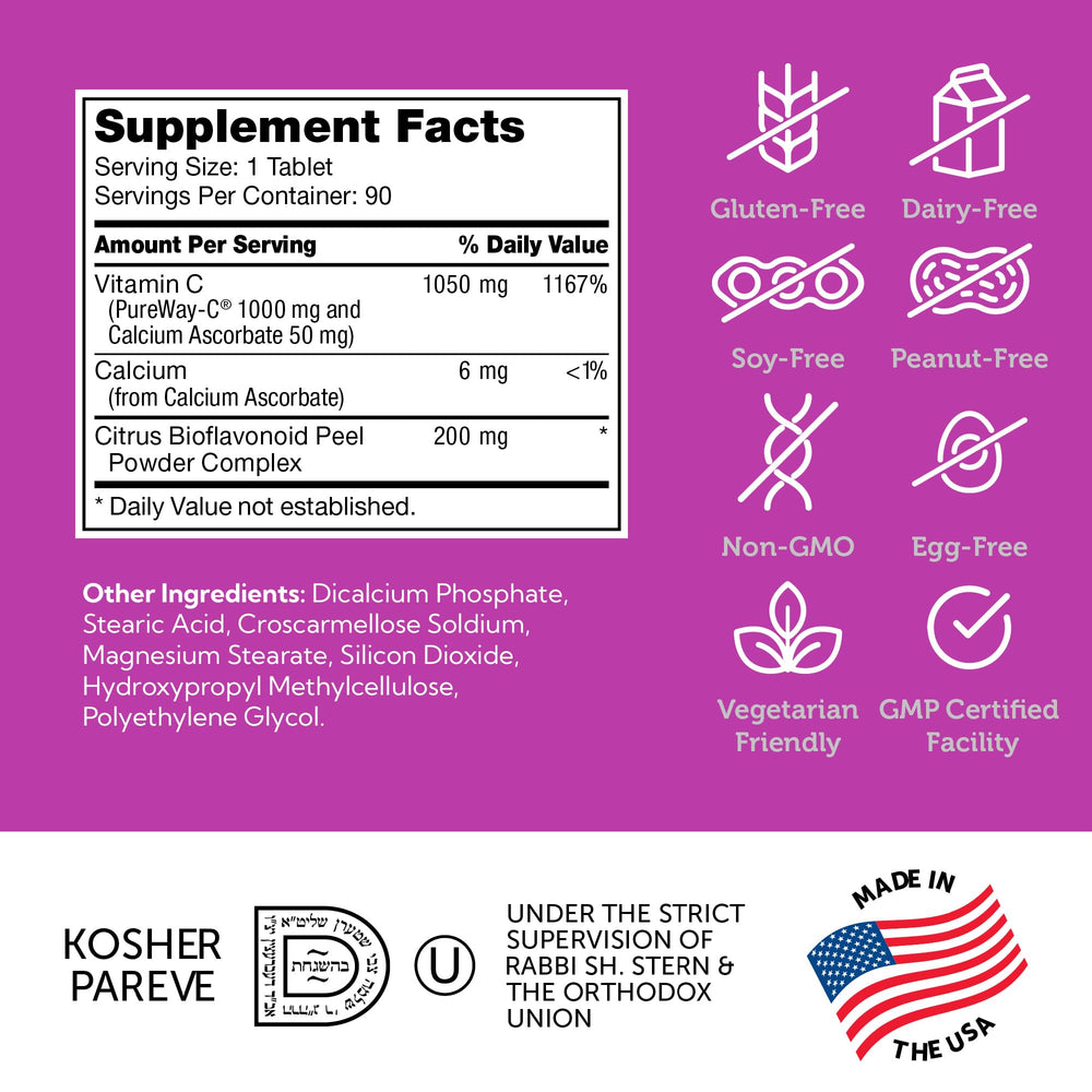 Gluten free and kosher certification label on Zahler Vitamin C bottle