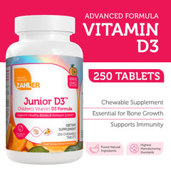 Nutrition facts label for Zahler Junior D3 Vitamin D3