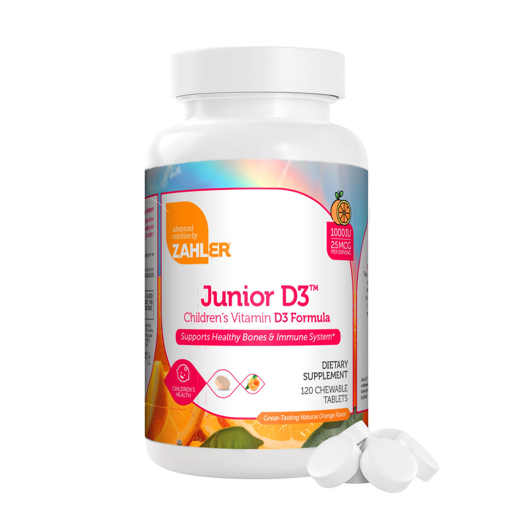 Front view of Zahler Junior D3 vitamins for kids with orange flavor, 120 count