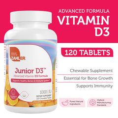 Close-up of Zahler Junior D3 vitamin D3 chewables for kids, orange flavor