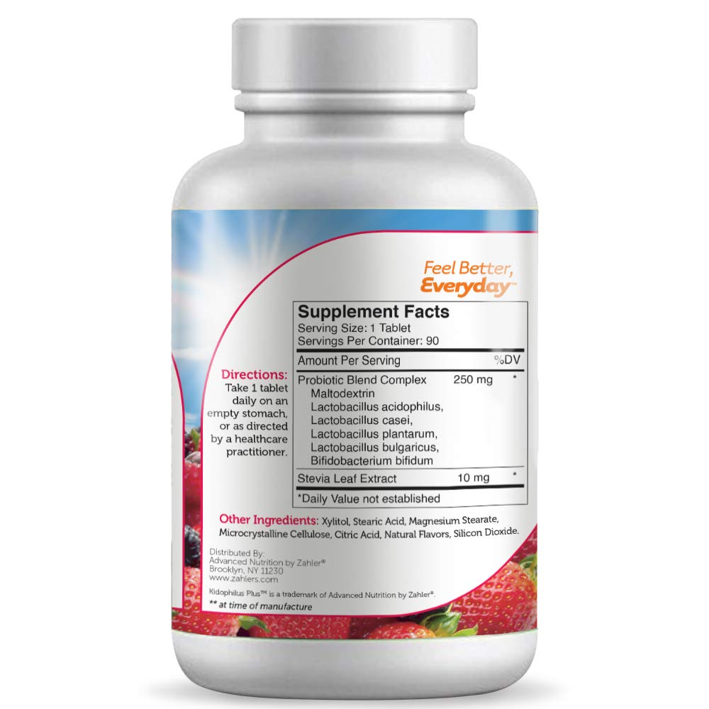 Zahler Kidophilus Plus bottle showing 1 Billion CFU for kids