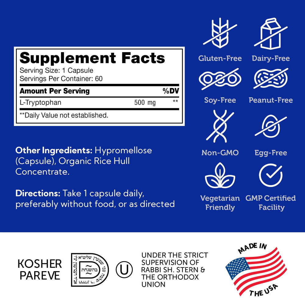 Manufactured in USA GMP facility symbol on Zahler L-Tryptophan packaging