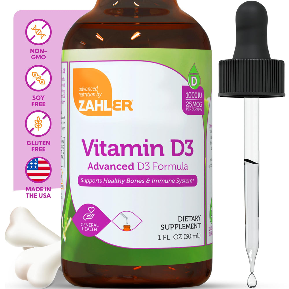 Close-up of vitamin D3 dropper dispensing drops