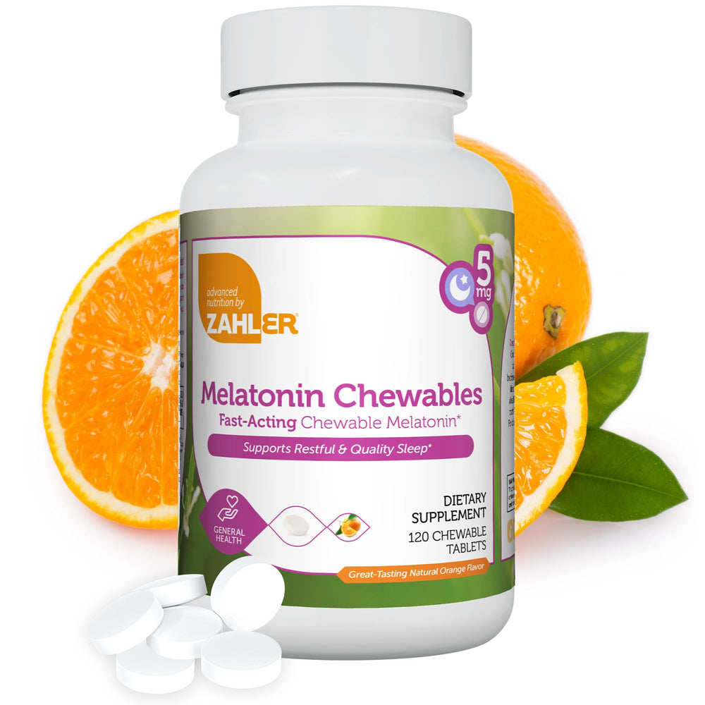 Zahler Melatonin 5mg chewable tablets orange flavor bottle and tablets