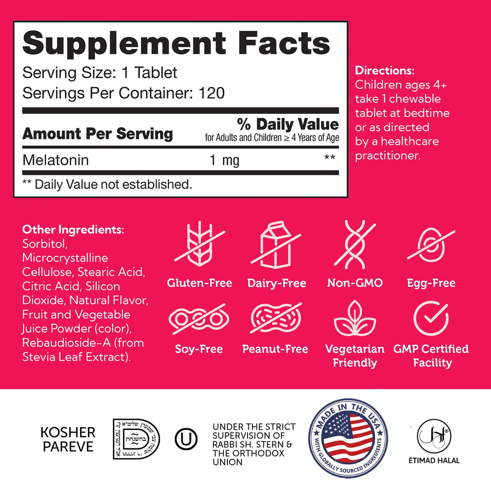 Front label showing 1 mg melatonin per serving on Zahler bottle