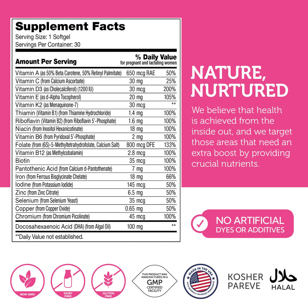 Nutrient list indicating 19 essential prenatal vitamins and minerals