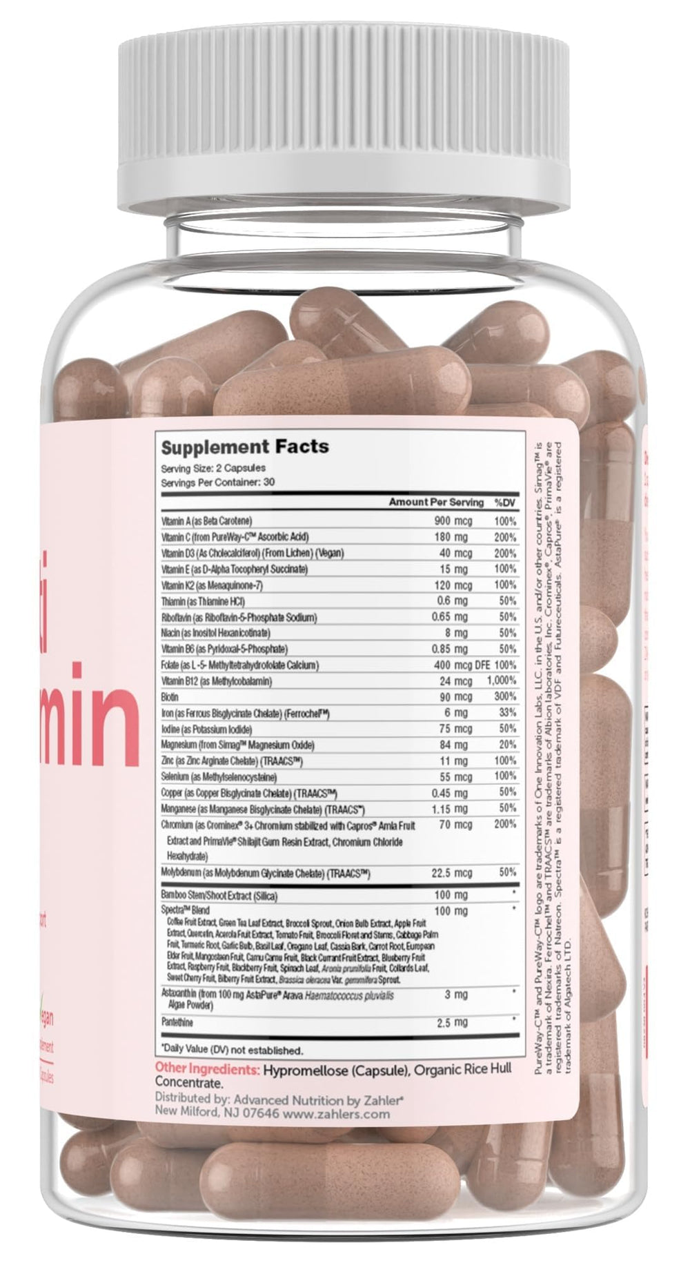 Close-up of Zahler multivitamin capsules