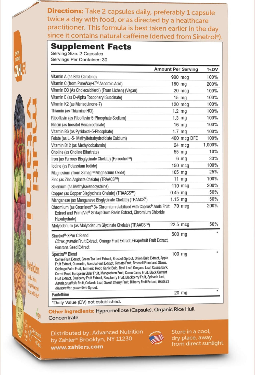 Close-up of Zahler Multivitamin Metabolism product label