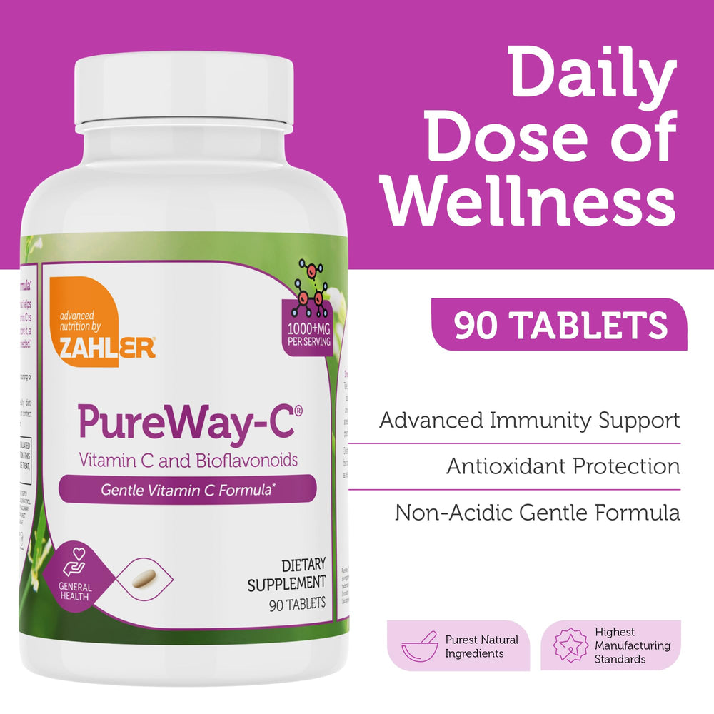 Close up of Zahler PureWay-C 1000mg Vitamin C tablets