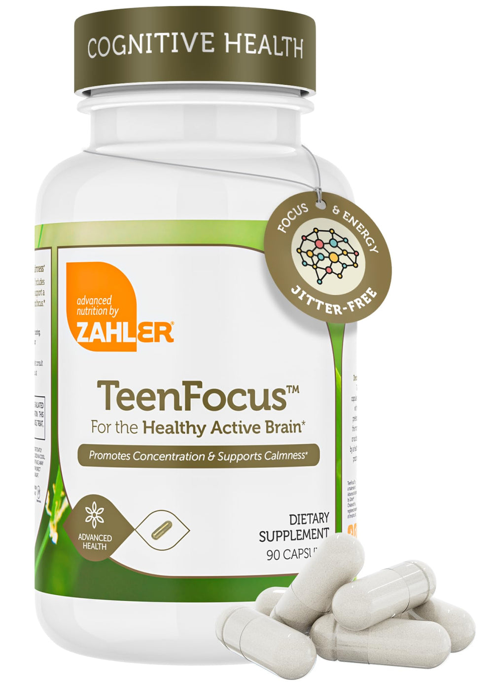 Zahler TeenFocus bottle front emphasizes focus support for teens