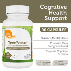Zahler TeenFocus ingredients panel shows magnesium and B12 for cognitive support
