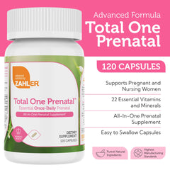 Close-up of Zahler Total One Prenatal capsules