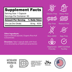 Kosher, gluten-free Zahler Zinc 50mg label