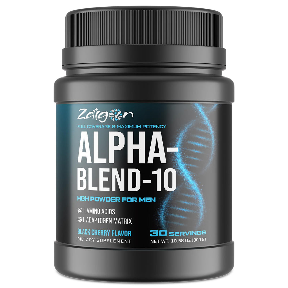 Zaigon HGH black cherry powder close-up shows sugar-free flavor and premium ingredients.