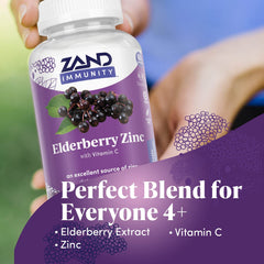 Ingredient panel showing elderberry, zinc, and vitamin C