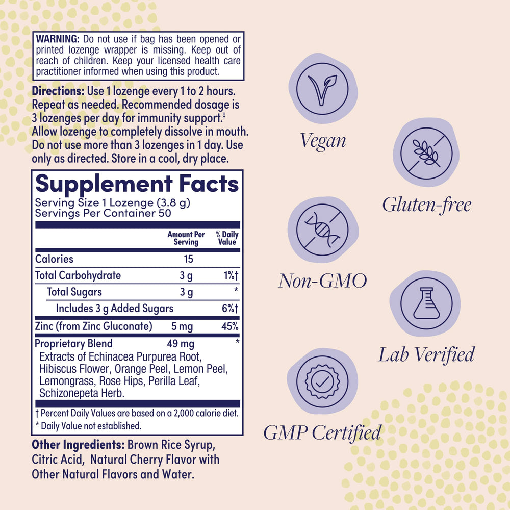 Close-up of cherry-flavored zinc throat lozenges in a packaging shot.