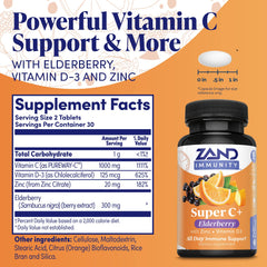Back label showing supplement facts on Zand Immunity Super C+ Elderberry bottle