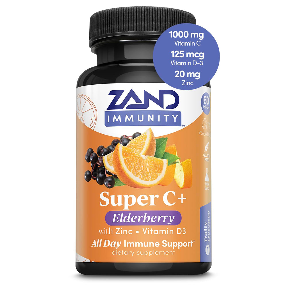 Front view of Zand Immunity Super C+ with Elderberry bottle