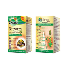 Close-up of Zandu Nityam herbal tablets