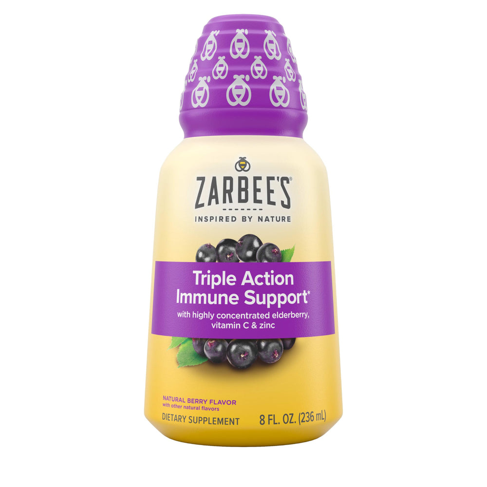 Front view of Zarbee's Daily Immune Support elderberry liquid bottle (8 oz)