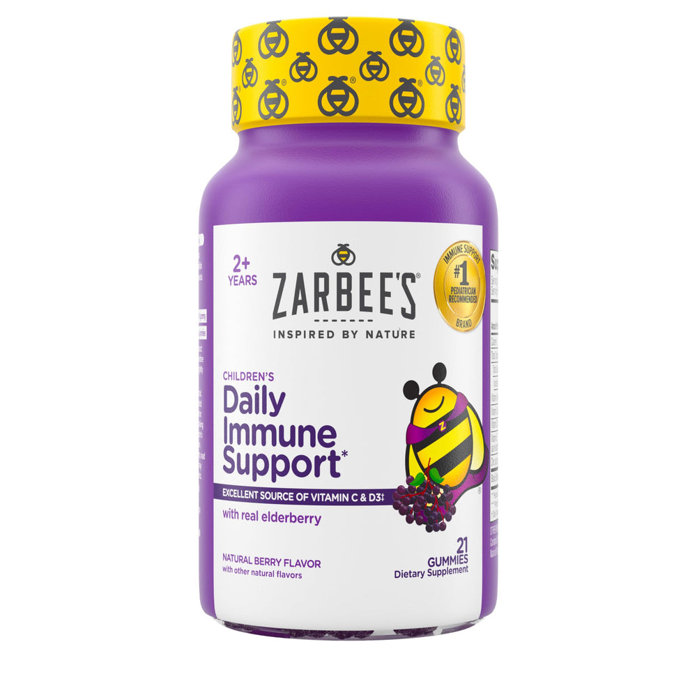 Zarbee’s Elderberry Gummies for Kids bottle shows daily immune support in a natural berry flavor.