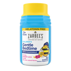 Zarbee's Gentle Bedtime Gummies bottle with raspberry lemon flavor for calming bedtime routine.