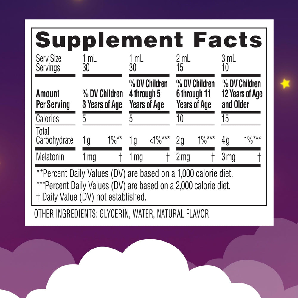 Product label for Zarbee's Kids Melatonin Liquid